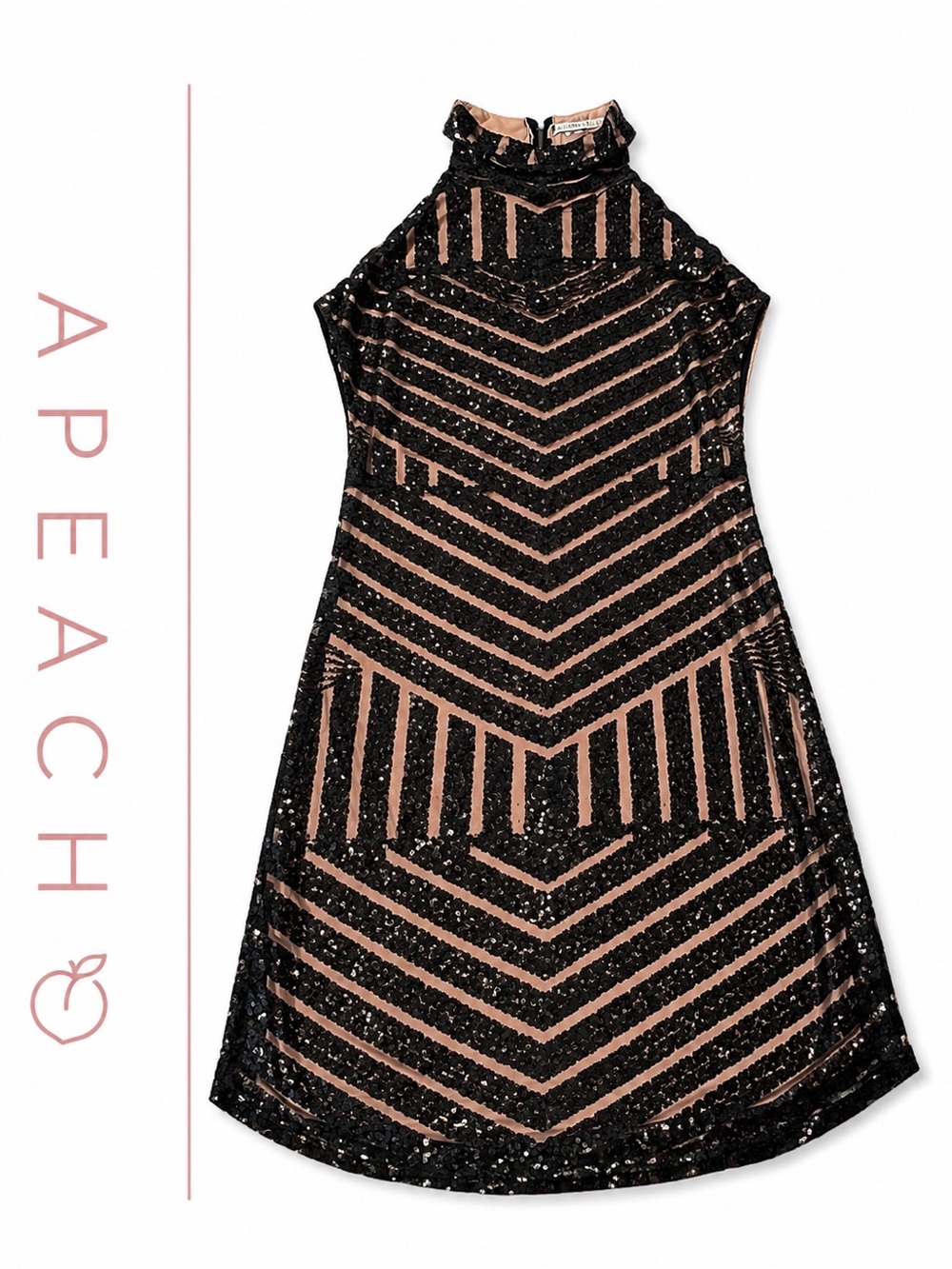 Party Dress Black Sequin and Nude Bodycon. Chevron Pattern/Halter Neck